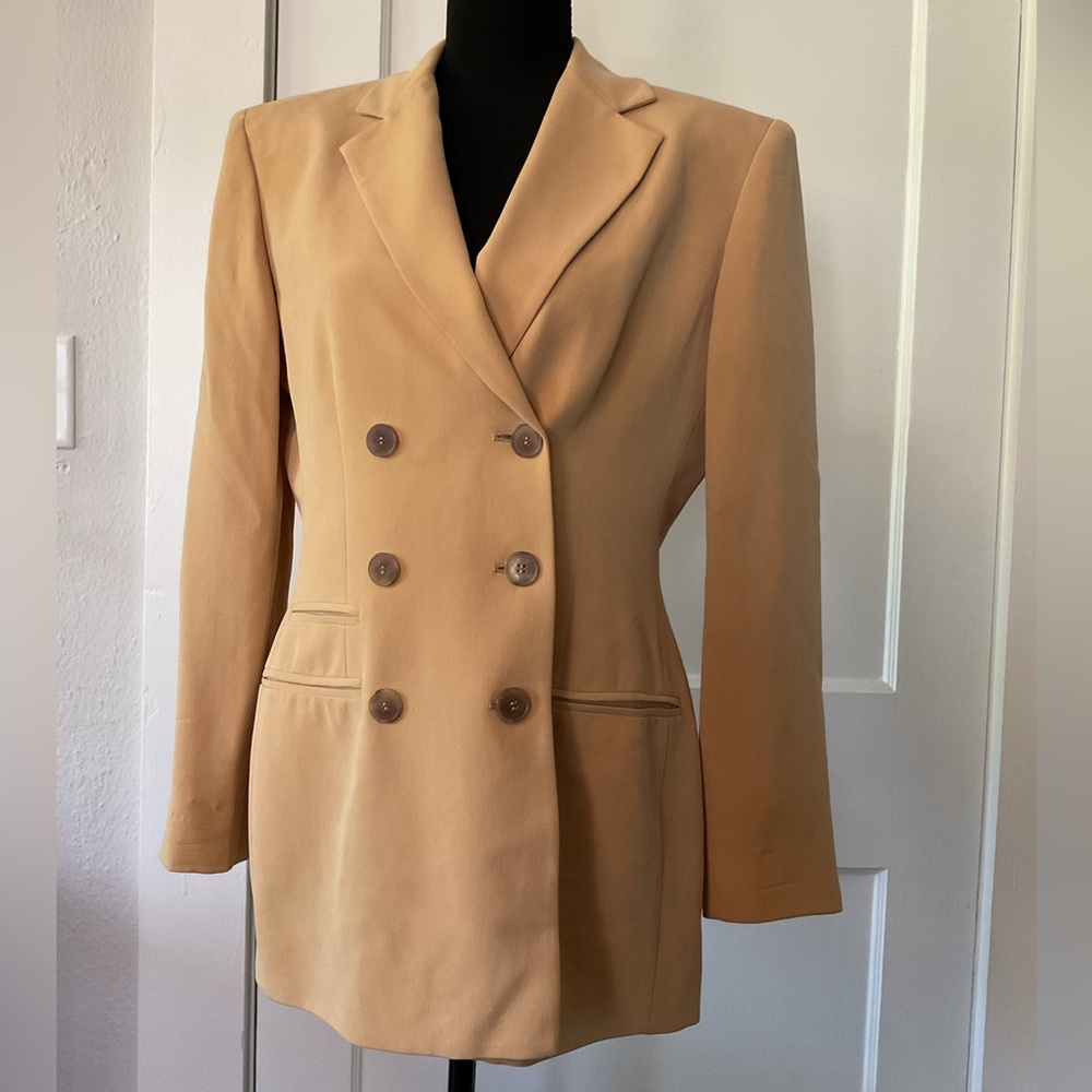 100% silk double breasted long blazer